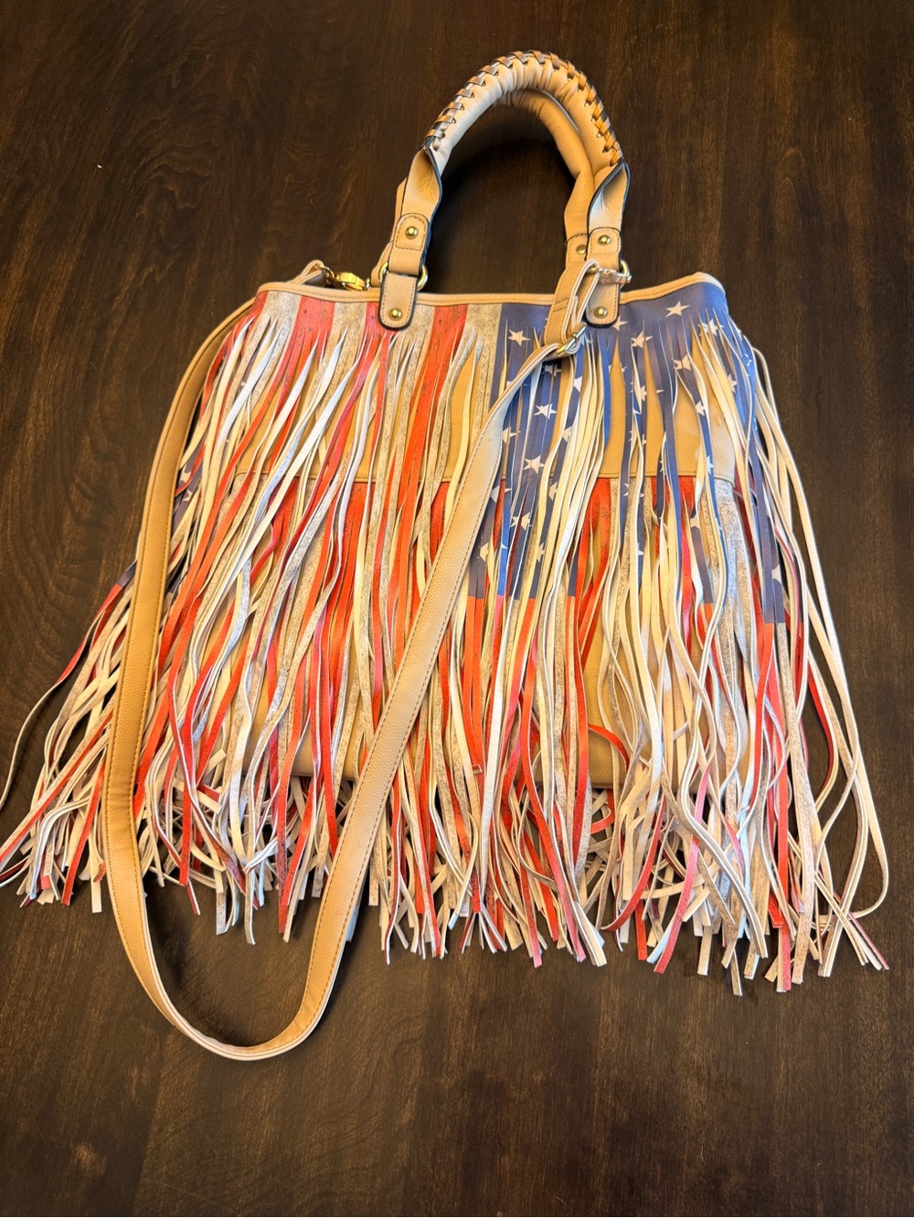 Fringed American Flag Tote Bag in Tan, Red & Blue